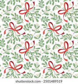 Seamless pattern with mistletoe, leaves, branches, berries. Cute Chrisrmas ornament. Perfect for fabric, scrapbooking, banner, card, wrapping paper, textile, wallpaper, apparel.