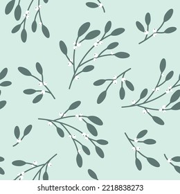 Patrón sin foco con mistletoe sobre fondo verde. Diseño natural. Ilustración vectorial.