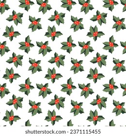 Seamless pattern of mistletoe with red berries on a white background, for New Year and Christmas
