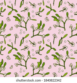 Seamless pattern of mistletoe twigs. Christmas mistletoe or Kisses Branch. Endless patterns for your design.