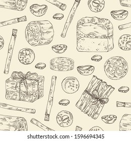 Seamless pattern with miswak, siwak natural toothbrush, soap nuts, sapindus,  loofan, natural sponge, handmade soap. Organic cosmetic natural soap. Vector hand drawn illustration.