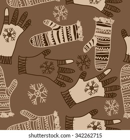 Seamless   pattern  of mitten  motifs, doodles, objects, snowflakes, knitwear. Hand drawn.