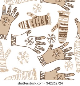 Seamless   pattern  of mitten  motifs, doodles, objects, snowflakes, knitwear. Hand drawn.