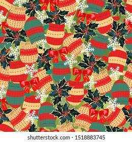 seamless pattern with mittens. Christmas background with Holly and snowflakes