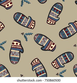 Seamless pattern with mittens. Christmas pattern. Vector illustration.