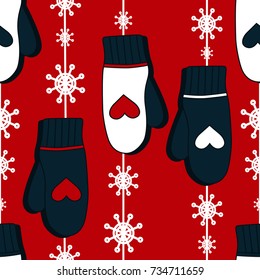 Seamless pattern with mittens. Colorful overlapping backdrop with snowfall. Hand drawn illustration design, winter. Decorative wallpaper, good for printing. Christmas time