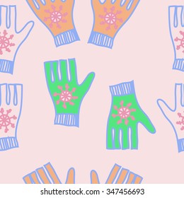Seamless pattern  of mittens, doodles, snowflakes. Hand drawn.