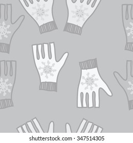 Seamless pattern  of mittens, doodles, snowflakes. Hand drawn.