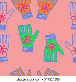 Seamless pattern  of mittens, doodles, snowflakes. Hand drawn.