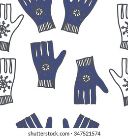 Seamless pattern  of mittens, doodles, snowflakes. Hand drawn.