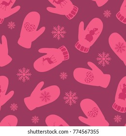 Seamless pattern of mittens with the image of Christmas symbols and snowflakes