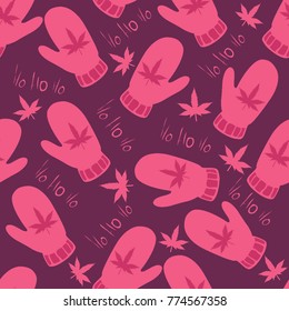 Seamless pattern mittens with a picture of marijuana and the inscription "ho-ho-ho"