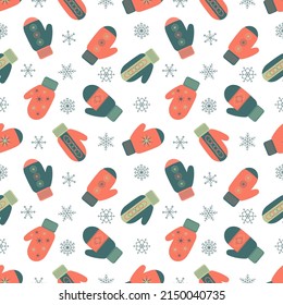 Seamless pattern with mittens and snowflakes. Vector color illustration on the white background.