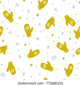 Seamless pattern with mittens, stars and snowflakes