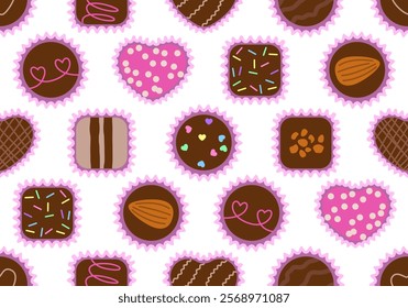 Seamless pattern with mix of chocolate candies. Set of chocolate candies. Assortment of chocolate candies sweets