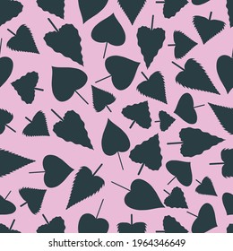 Seamless pattern with mix of dark cordate leaves on a pink background. Vector illustration, eps 10.