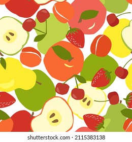 Seamless pattern with a mix of fruits and berries. Apples, pears, cherries, peaches, strawberries print. Vector graphics.