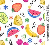 seamless pattern with mix fruits hand drawn healthy food set and mix fruits cartoon background
