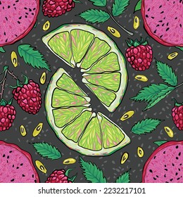 Nahtlose Mischung von Früchten auf dunkelgrauem Hintergrund.  Es sind Drachenfrucht, Himbeeren, Orangen und Samen von Passionsfrucht.