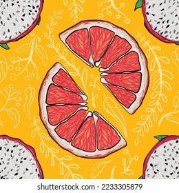 Seamless pattern of mix fruits on the yellow background.  It's dragon fruits and oranges, and twigs.