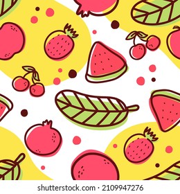 Nahtlose Muster mischen Früchte. Erdbeeren, Wassermelonen, Granatapfelsen, Kirschen und Blätter. Vektorgrafik.