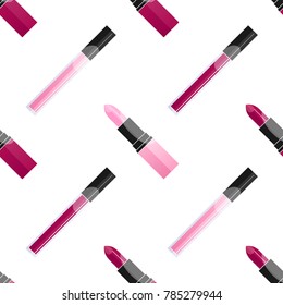 Seamless pattern with mix of lipstick and lip gloss isolated on white background. Flat style.