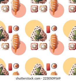 Seamless pattern with Mix of onigiri and variety of Sushi. Japanese food, healthy eating, cooking, menu, nutrition concept. Vector illustration.