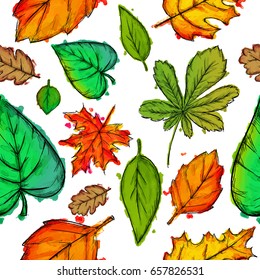 Seamless Pattern of Mix Shapes Leaves Watercolor