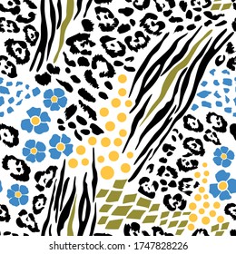 Seamless pattern  with mix stylish animal skin prints, leopard, snake, zebran and blue flowers. safari Africa. Trendy vector design for printing on wallpaper, fabric, cover, on a gray background.