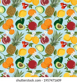 Seamless pattern with mix of tropical fruits and flowers Pineapples, Pomegranates, Lemons, orange Tangerines. Cute vector pastel background. Bright illustration of summer fruits.For fabric, decoration