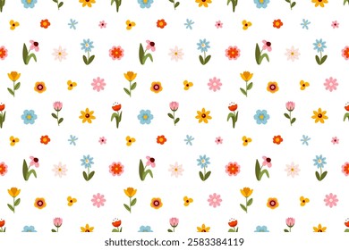 Seamless pattern with a mix of various flowers, including blue, red, yellow, and pink blossoms with green leaves. The lively and cheerful design is ideal for fabric prints, wrapping paper