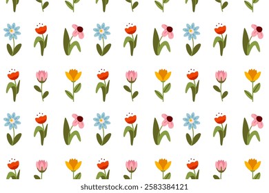 Seamless pattern with a mix of various flowers, including blue, red, yellow, and pink blossoms with green leaves. The lively and cheerful design is ideal for fabric prints, wrapping paper