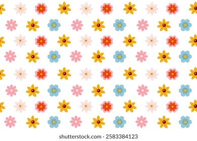 Seamless pattern with a mix of various flowers, including blue, red, yellow, and pink blossoms with green leaves. The lively and cheerful design is ideal for fabric prints, wrapping paper