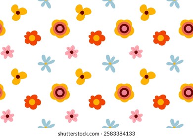 Seamless pattern with a mix of various flowers, including blue, red, yellow, and pink blossoms with green leaves. The lively and cheerful design is ideal for fabric prints, wrapping paper