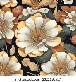 Seamless pattern of mixed flowers in vector illustration. Vintage petal mosaic