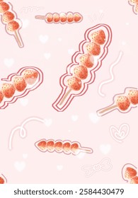 Seamless pattern of mixed fruit tanghulu skewers with a glossy finish on a soft cream background. Great for food packaging, wallpaper, and textiles.