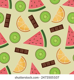 Seamless pattern of mixed fruits. Orange, chocolate, watermelon and kiwi slices.