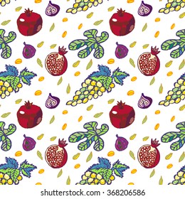 Seamless Pattern Mixed Fruits to the traditional Jewish holidays - New Year of tree. Pattern with Pomegranates, figs, grapes, seeds. Tu bishvat jewish religion holiday