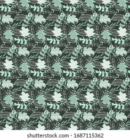 Seamless pattern with mixed green leaves of different shapes and silhouettes on a dark background, textured, artistic. Vector illustration for textile, surface, packaging, packaging design.