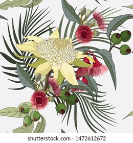 Seamless Pattern Of Mixed Native Australia Wild Flower, Yellow Waratah And Gum Nut With Red Flower