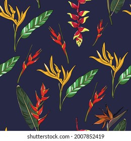 seamless pattern of mixed tropical heliconia flowers on navy background