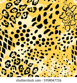 Seamless pattern from a mixture of animal skin prints, leopard, snake. safari Africa. Trendy vector design for printing on wallpaper, fabric, cover, on orange background.
