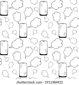 Seamless pattern Mobile phone, cell phone, and the cloud that stands for phrases and conversations. Doodle vector illustration, simple cartoon line art. 