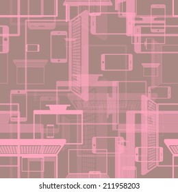 Seamless pattern with mobile phones, computers, notebooks, displays, monitors. Vector illustration.