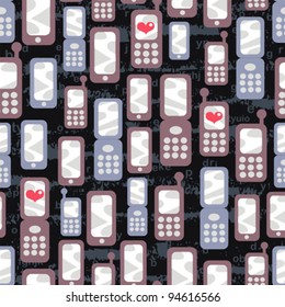 Seamless pattern with mobile phones and hearts. Vector cartoon.
