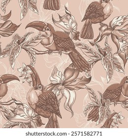 Seamless Pattern Mocha Mousse Toucan Birds and Tropical Flowers 