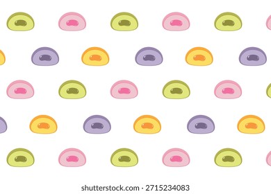 A seamless pattern with mochi, a traditional Chinese dessert made from rice flour. Mochi of different colors on a white background.