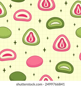 Patrón sin fisuras con mochi. Dulces tradicionales japoneses. Linda comida asiática. Vector de fondo.-01