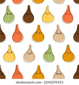 Seamless pattern with modak kawaii characters vector illustration. Traditional Indian steamed food. Sweet festive dumplings of different colors and emotions