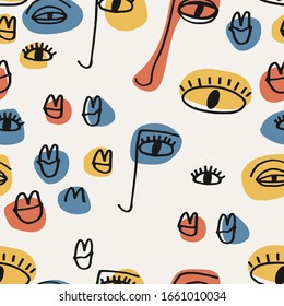 Seamless pattern with modern abstract art design: people faces. Contemporary collage wall art, flyer, newsletter, magazine cover, packaging, textile and branding design.